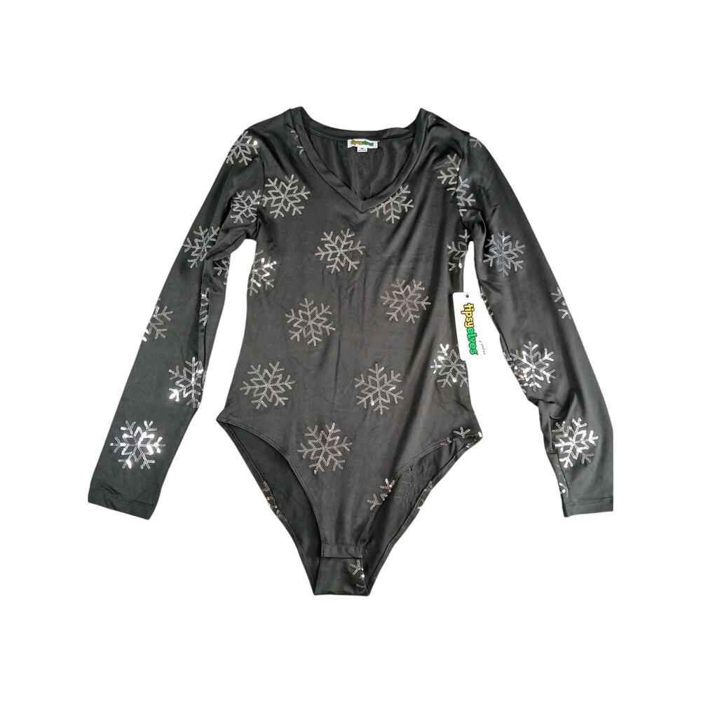 Tipsy Elves Bodysuit Womens Black Medium Christmas Sequin Snowflake Winter